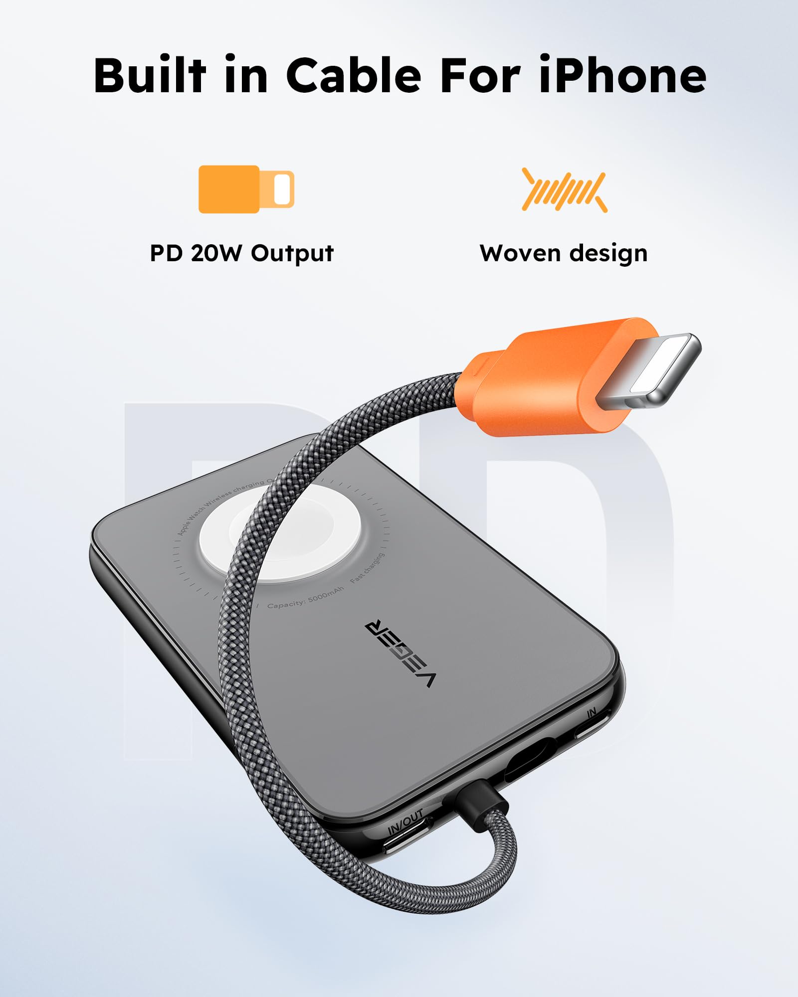 V0567 5,000mAh Portable Charger for iPhone with Built in Cable